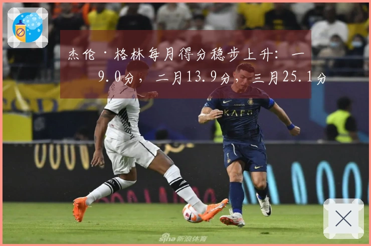 杰伦·格林每月得分稳步上升：一月9.0分，二月13.9分，三月25.1分